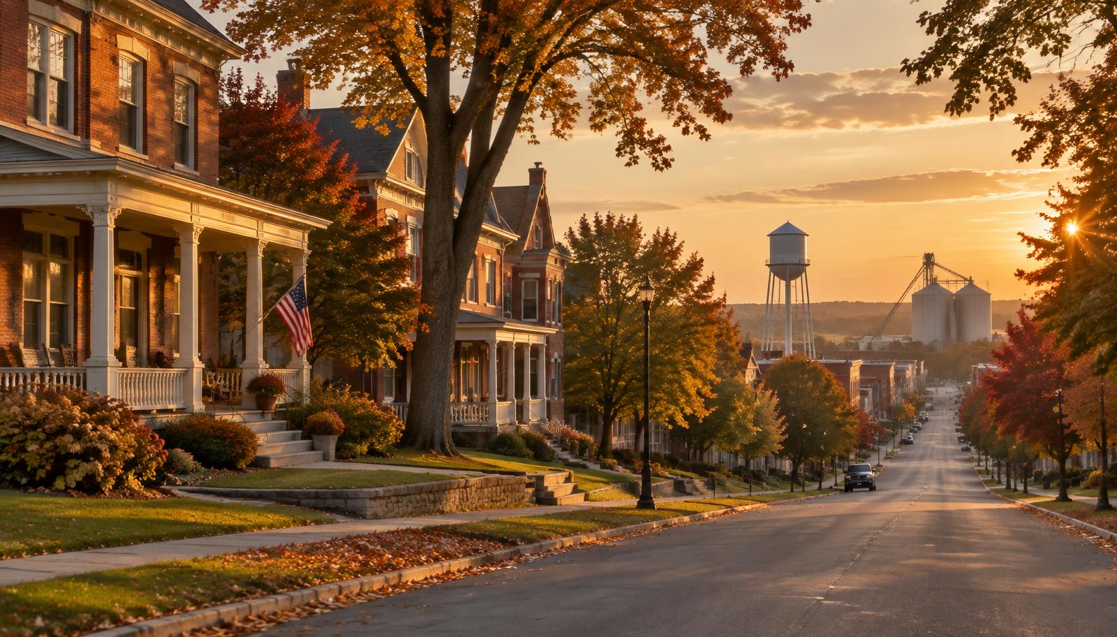 Tree-lined residential street in Lima, Ohio at golden hour