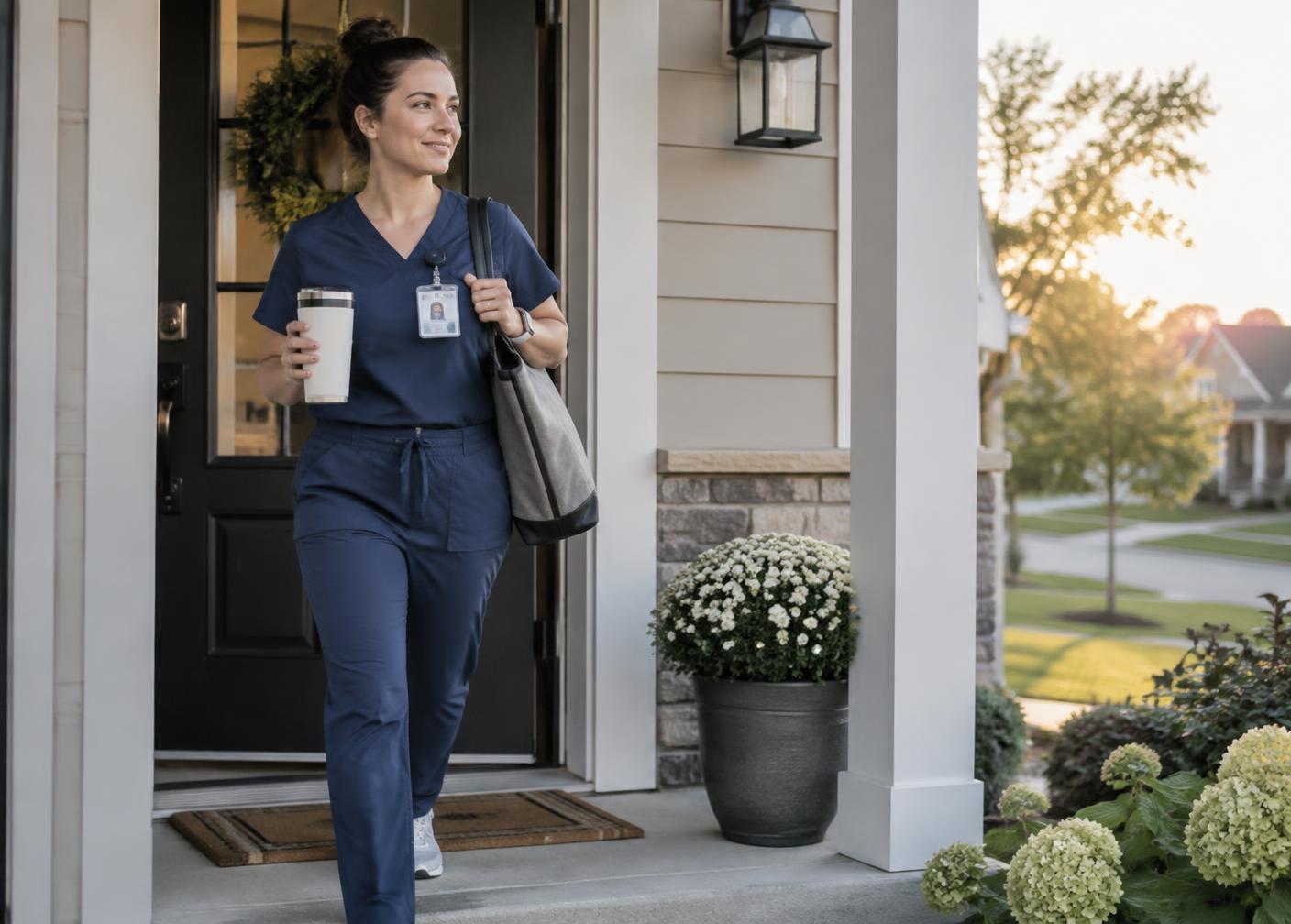 A nurse heading out the front door of a Lima Stay Co home